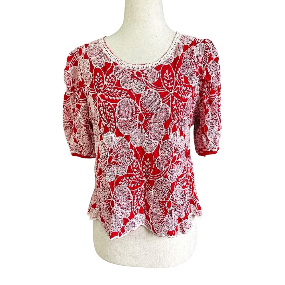Solitaire Women Red White Floral Embroidered Puff Sleeve Boho Top Medium | 0247